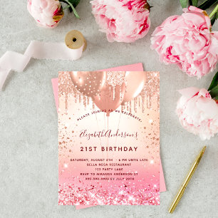 Birthday rose gold pink glitter balloons invitation postcard