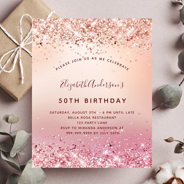 Birthday rose gold pink glitter budget invitation flyer (Creator Uploaded)