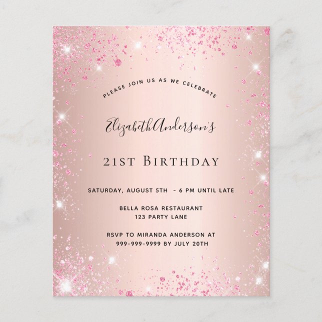 Birthday rose gold pink glitter budget invitation flyer (Front)