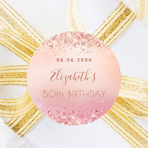 Birthday rose gold pink glitter dust monogram name classic round sticker