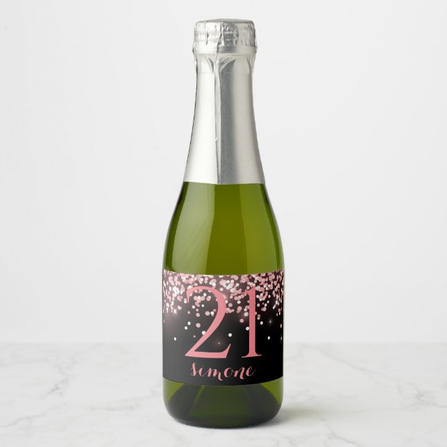 Birthday rose gold pink glitter glam 21st sparkling wine label (Front)