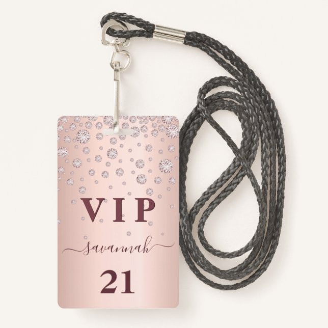 Birthday rose gold pink monogram vip luxury badge ID badge (Front with Lanyard)