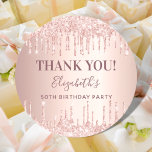 Birthday rose gold pink name Thank You Classic Round Sticker<br><div class="desc">A sticker for a girly and glamourous 50th (or any age) birthday party.  A rose gold gradient background with drips,  paint dripping look. The text: Thank You. Personalise and add name and age 50. The name is written with a modern hand lettered style script.</div>