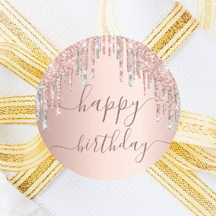 Birthday rose gold pink silver drips classic round sticker