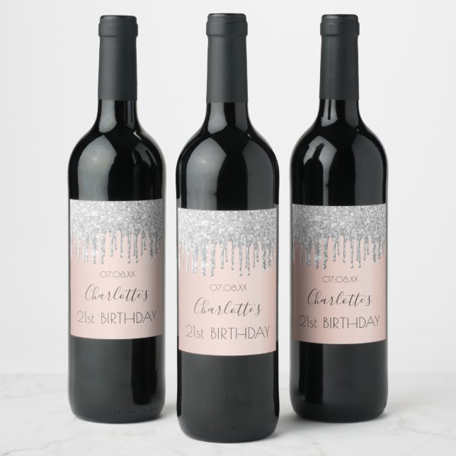Birthday rose gold pink silver drips wine label (Bottles)