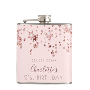 Birthday rose gold pink stars name hip flask
