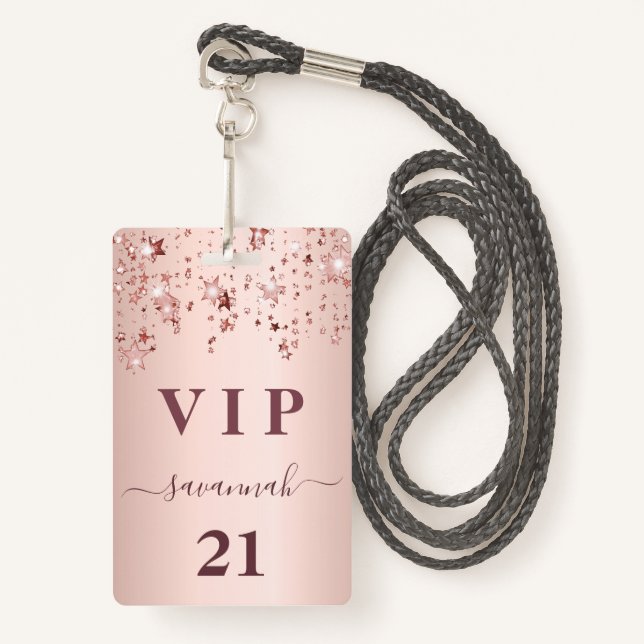 Birthday rose gold pink stars vip luxury ID badge (Front with Lanyard)