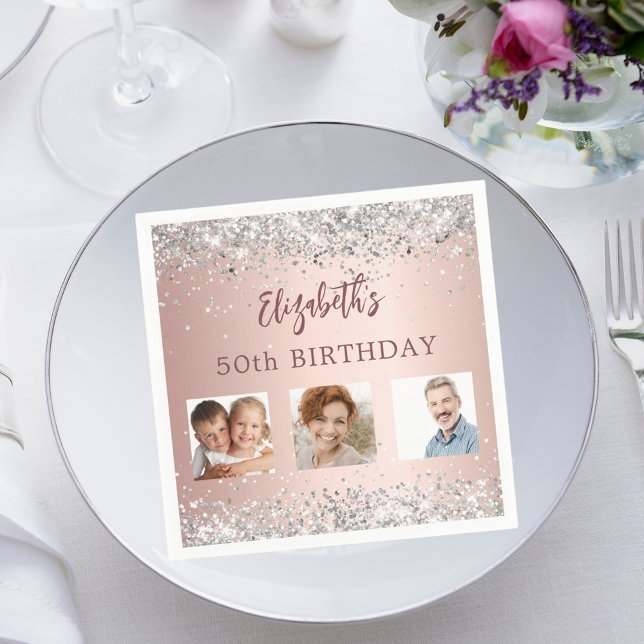Birthday rose gold silver confetti photo napkin (Creator Uploaded)