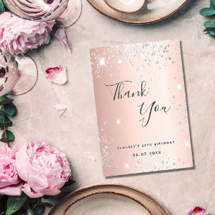 Birthday rose gold silver glitter dust script thank you card