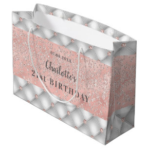 Birthday rose gold silver glitter name glamourous large gift bag