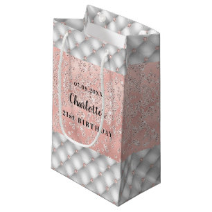 Birthday rose gold silver glitter name glamourous small gift bag