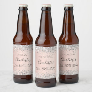 Birthday rose gold silver name elegant beer bottle label