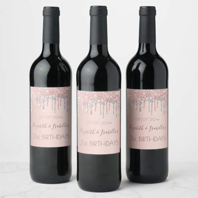 Birthday rose gold silver two 2 persons wine label (Bottles)