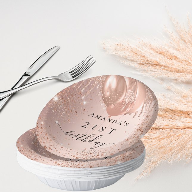 Birthday rose gold sparkles balloons paper plate (Creator Uploaded)