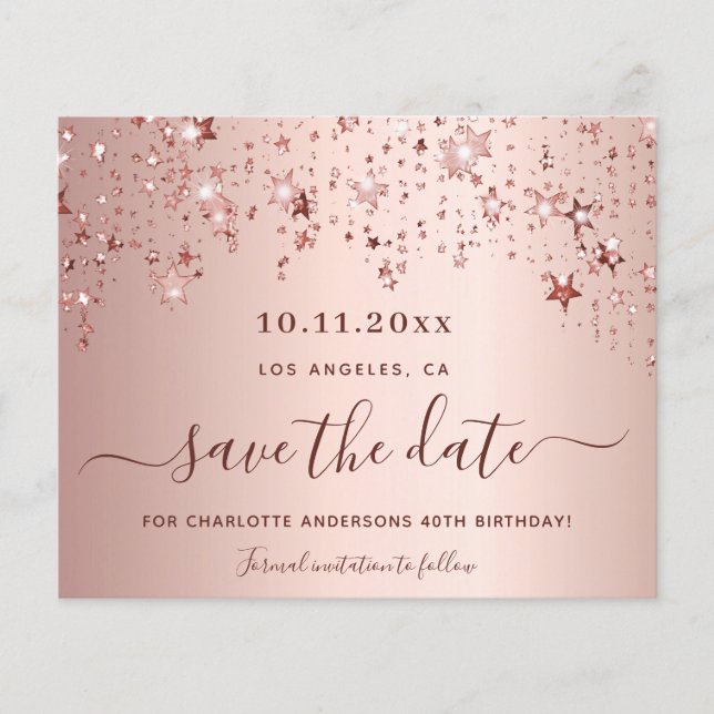 Birthday rose gold stars budget Save the Date Flyer (Front)
