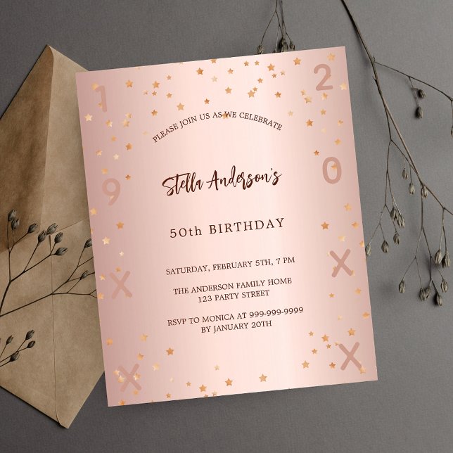 Birthday rose gold stars elegant budget invitation flyer (Creator Uploaded)
