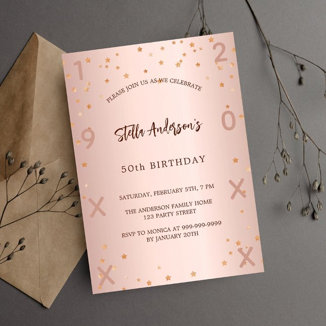 Birthday rose gold stars elegant invitation (Creator Uploaded)