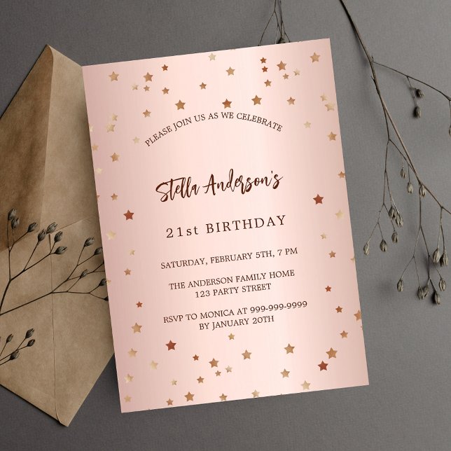 Birthday rose gold stars elegant simple party invitation (Creator Uploaded)