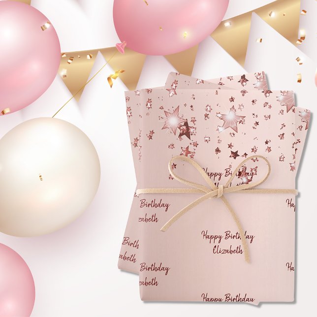 Birthday rose gold stars pink sparkle monogram wrapping paper sheet (Creator Uploaded)
