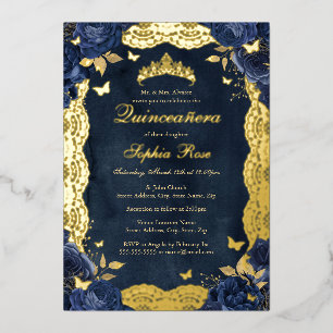 Birthday Rose Lace Butterfly Gold Navy Quinceanera
