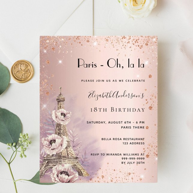 Birthday rose Paris Eiffel tower invitation (Creator Uploaded)