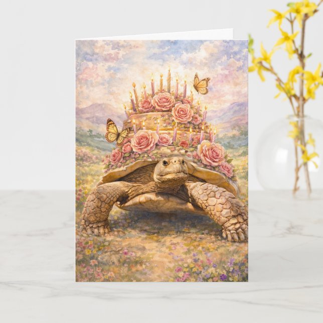 Birthday Roses and Butterflies Sulcata turtle Card (Yellow Flower)
