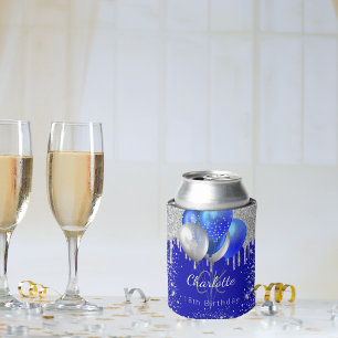 Birthday royal blue gold balloons monogram name can cooler