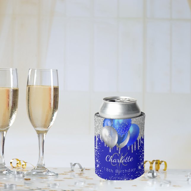 Birthday royal blue gold balloons monogram name can cooler (Creator Uploaded)