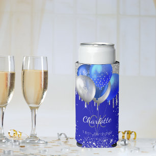 Birthday royal blue gold balloons monogram name seltzer can cooler