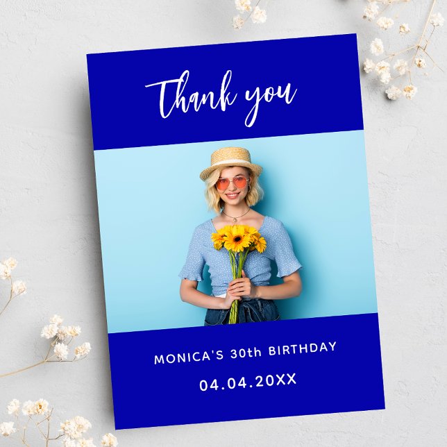Birthday royal blue photo simple elegant thank you card (Creator Uploaded)