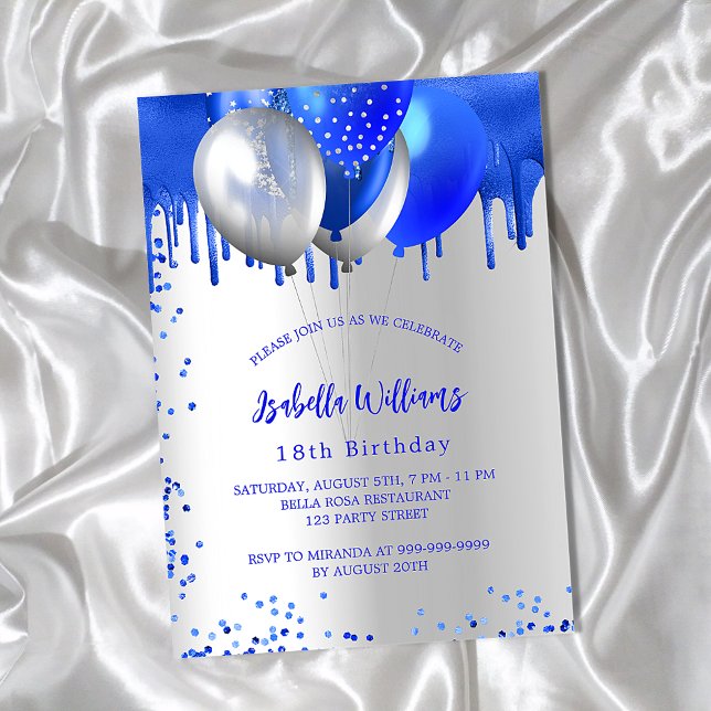 Birthday royal blue silver balloons party invitation (Creator Uploaded)