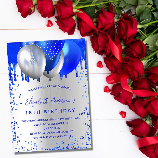 Birthday royal blue silver balloons sparkles invitation (Creator Uploaded)