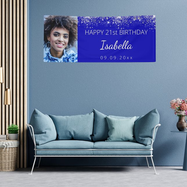 Birthday royal blue silver glitter custom photo banner (Creator Uploaded)