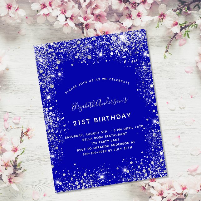 Birthday royal blue silver glitter dust glam invitation postcard (Creator Uploaded)