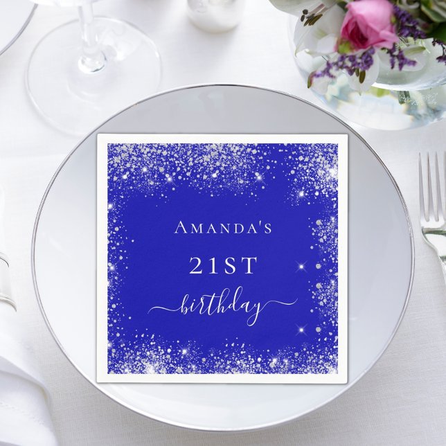 Birthday royal blue silver glitter dust monogram napkin (Creator Uploaded)