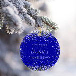 Birthday royal blue silver glitter friends ceramic ornament<br><div class="desc">An ornament for a girly and glamourous 21st (or any age)  birthday . A royal blue background with faux silver glitter,  sparkles.  On the front: Personalise and add a date,  a name and age.
Back:  Happy birthday and names from friends.</div>