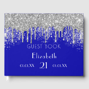 Birthday royal blue silver glitter monogram guest book