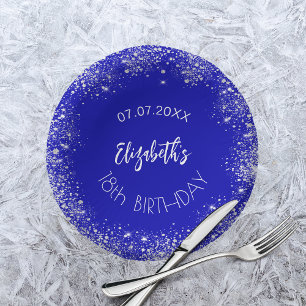Birthday royal blue silver glitter name paper plate