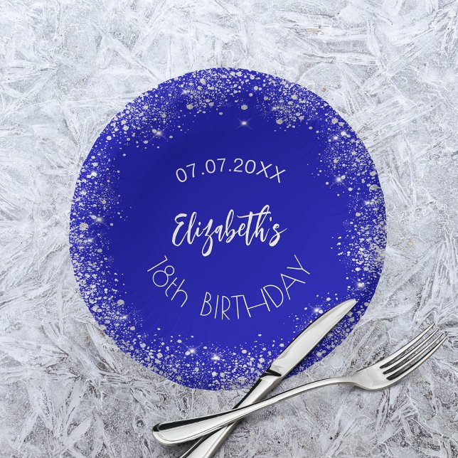 Birthday royal blue silver glitter name paper plate (Creator Uploaded)