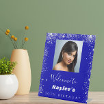 Birthday royal blue silver glitter photo welcome pedestal sign<br><div class="desc">A welcome sign for a girly and glamourous 30th (or any age) birthday party.  A royal blue background with elegant faux silver sparkles.  Personalise and add a photo,  name and age 30.  White letters.</div>