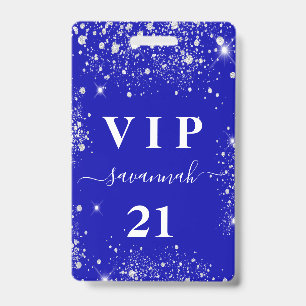 Birthday royal blue silver glitter vip invitation ID badge