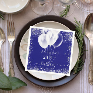 Birthday royal blue silver glitter white balloons napkin