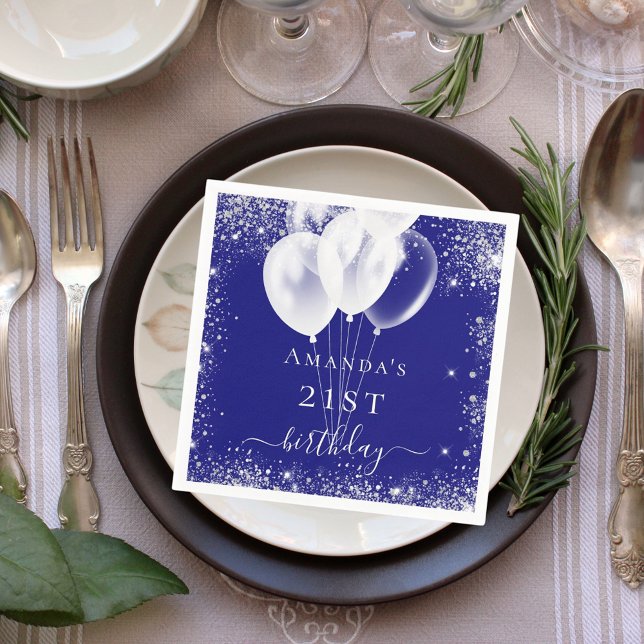 Birthday royal blue silver glitter white balloons napkin (Creator Uploaded)