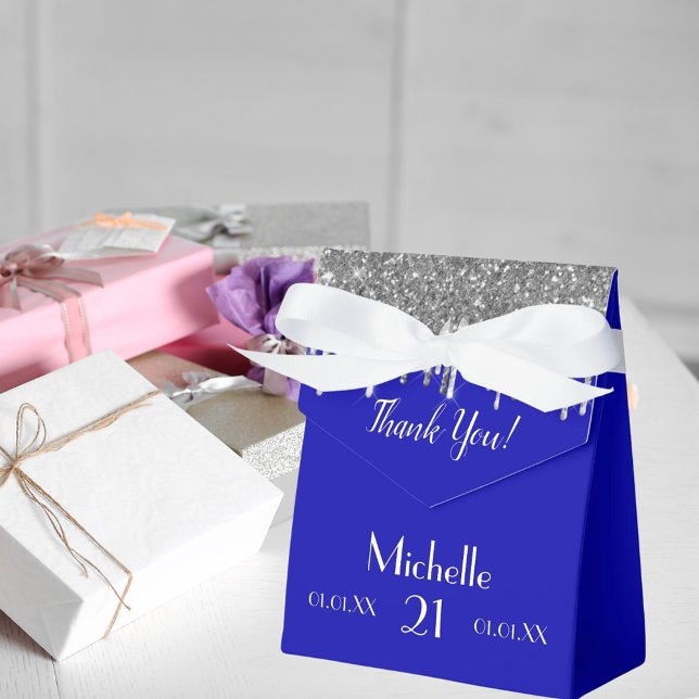 Birthday royal blue silver glitter white monogram favour box (Creator Uploaded)