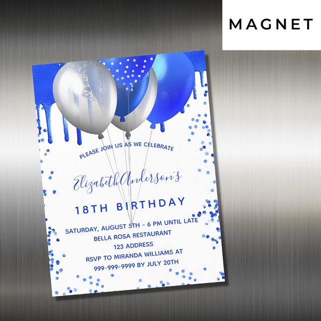 Birthday royal blue white balloons luxury magnetic invitation (Creator Uploaded)