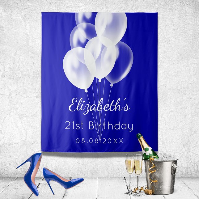 Birthday royal blue white balloons name tapestry (Creator Uploaded)