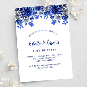 Birthday royal blue white flowers invitation postcard