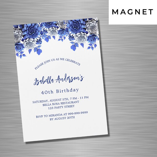 Birthday royal blue white flowers luxury magnetic invitation (Creator Uploaded)