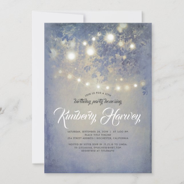 Birthday Rustic Garden Lights Dusty Blue Invitation (Front)