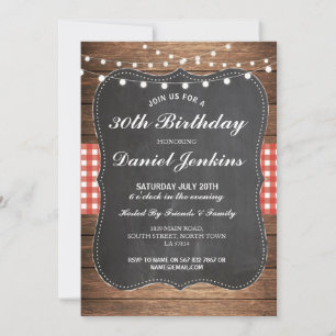 Birthday Rustic Red Check Lights Wood Invitation